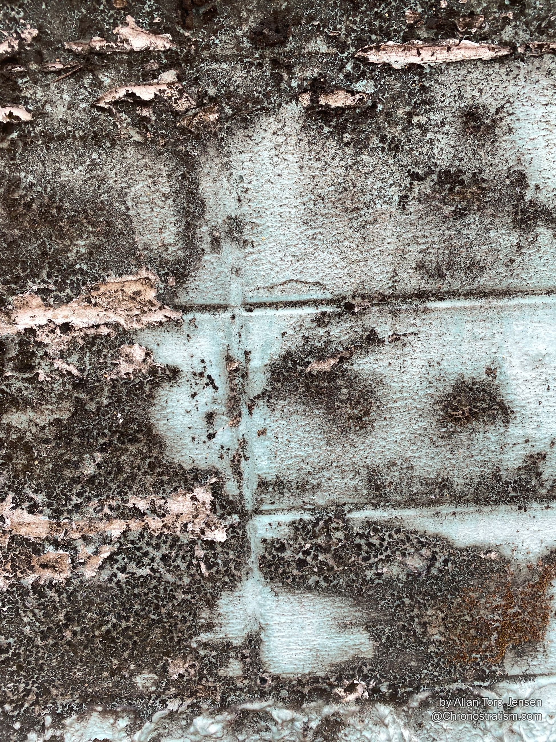 Close-up of black crusted grime over teal-painted wood panelling, rust bleeding at a joint.