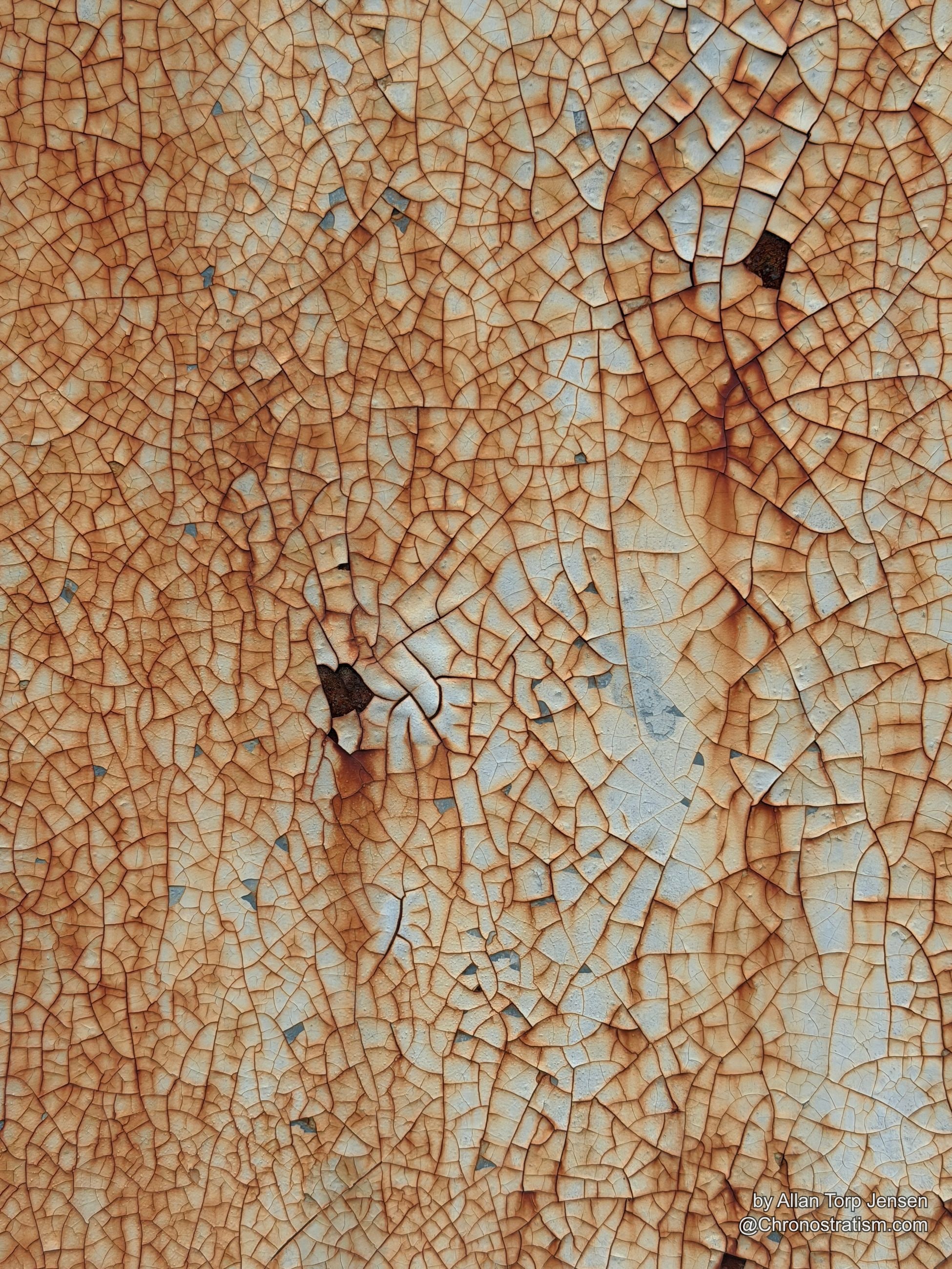 Dense micro-cracking laces a cream-painted surface, rust seeping through scattered dark fissures.