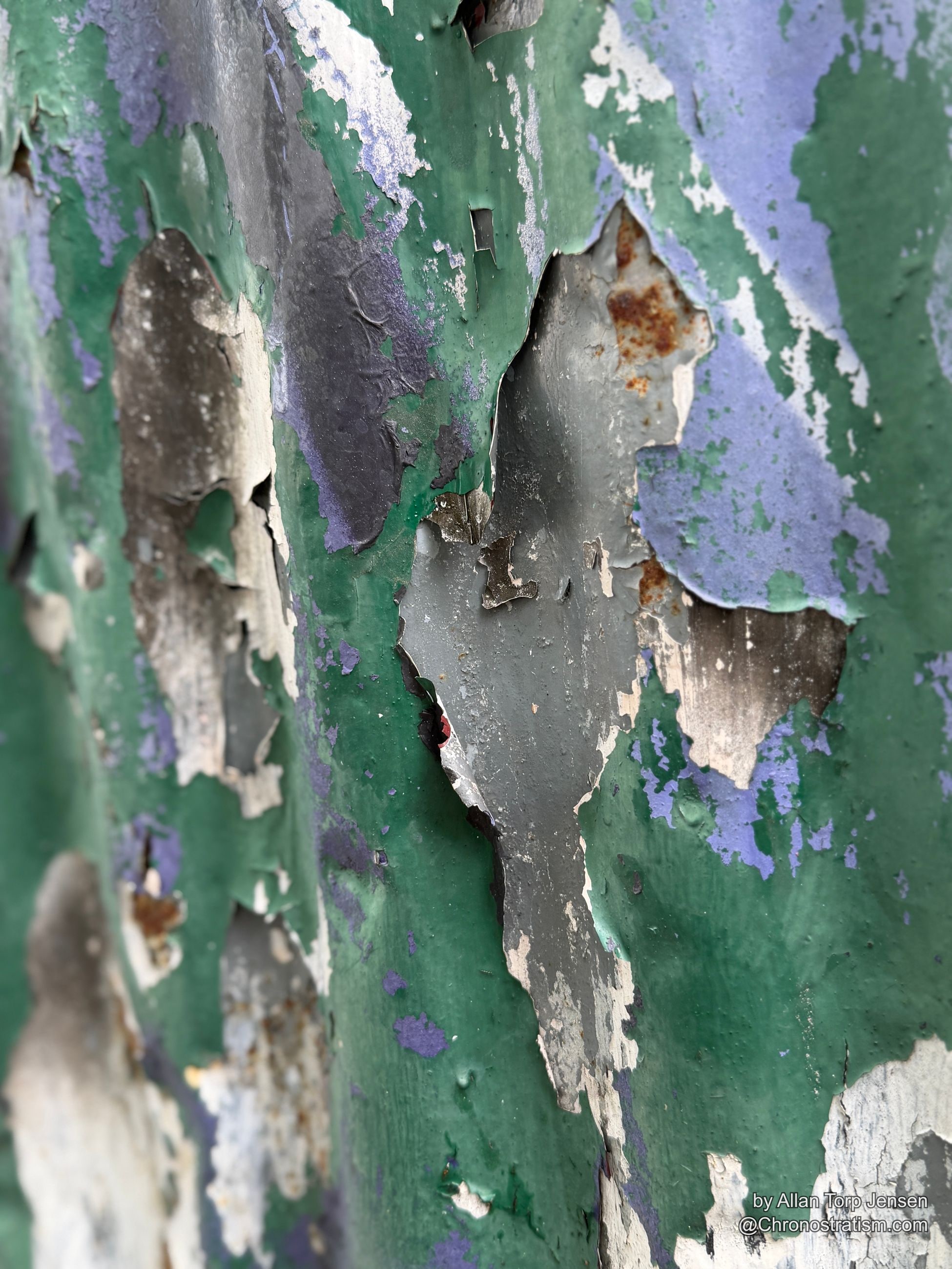A small rust spot punctuates the peeling purple and green paint.