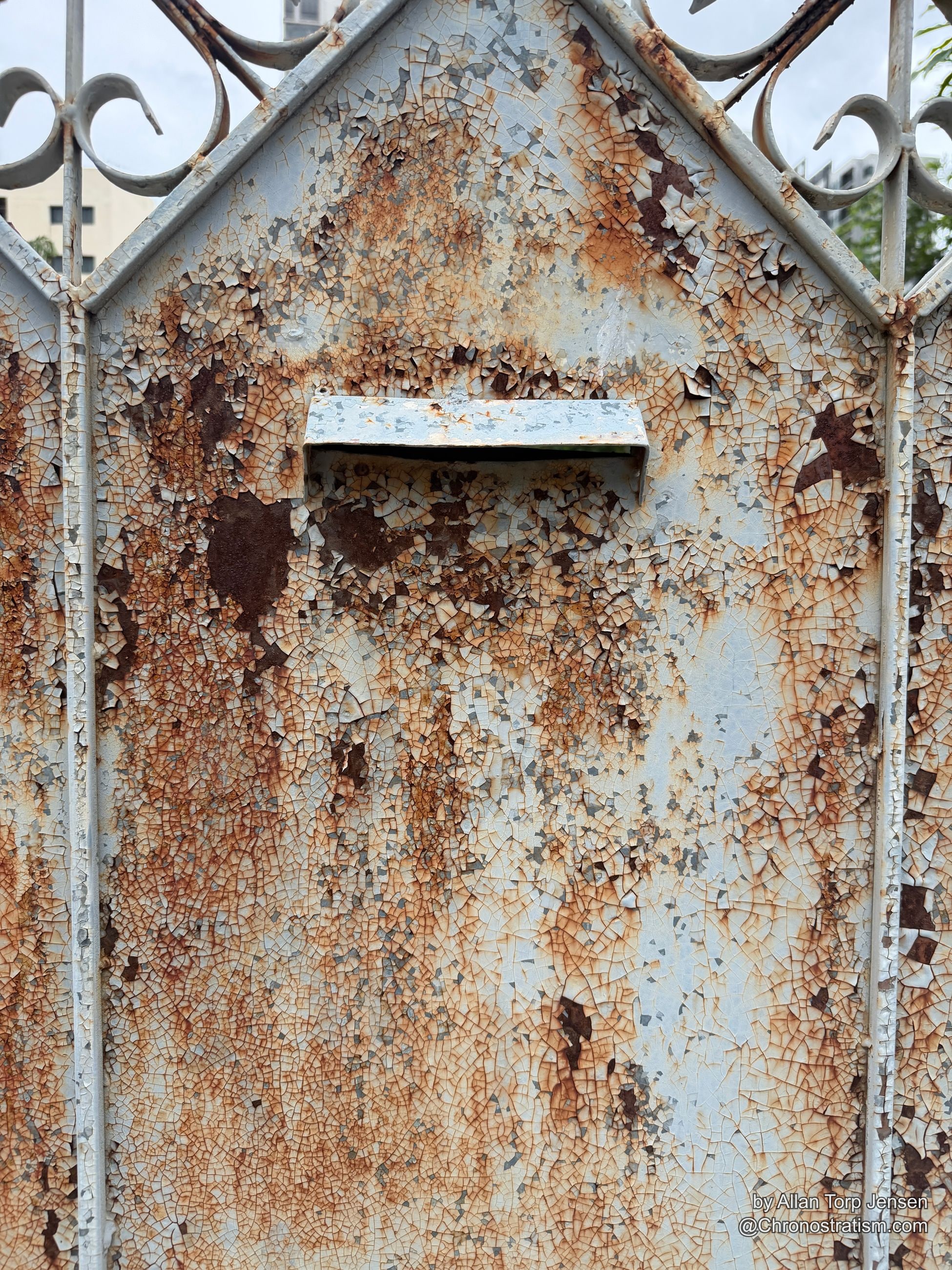 Sunlight rakes across a decorative iron gate panel, its cream paint craquelured and rusting around a recessed slot.