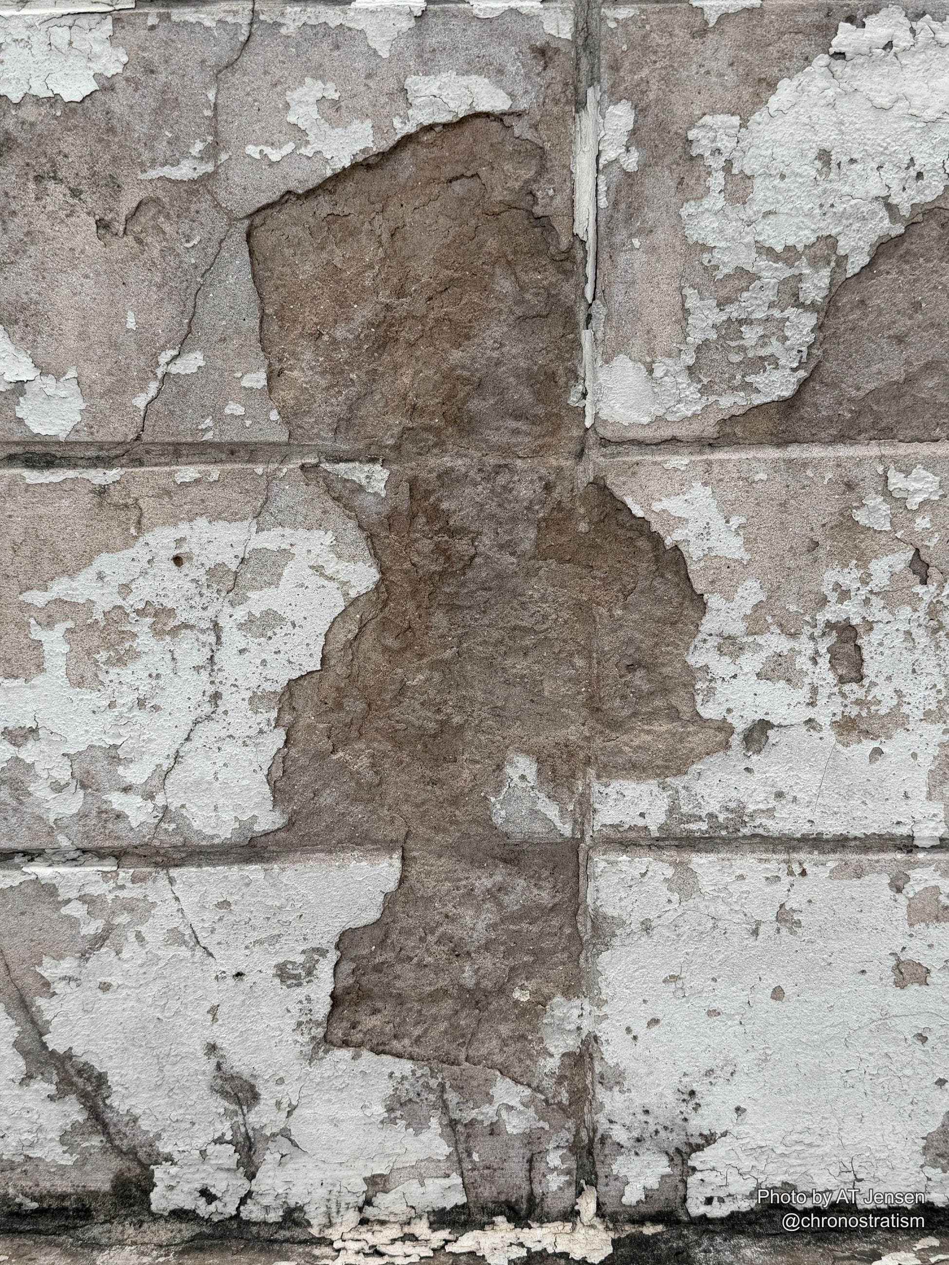 Detail of the same tiled wall where paint has fully lifted away, exposing a dense tan patch bordered by hairline cracks and a dark water-stain streak at the edge.
