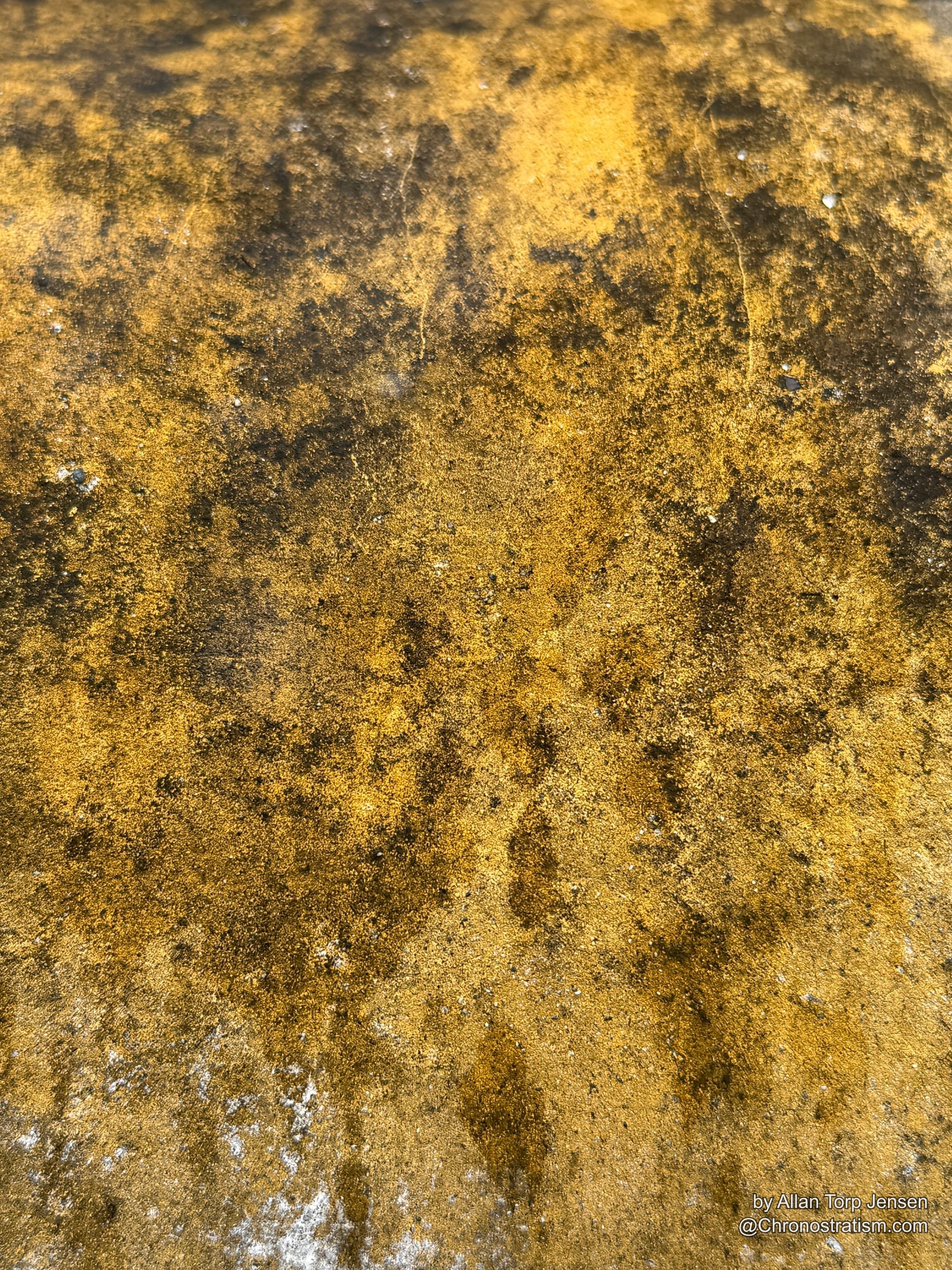 Warm gold-brown patina mottles the statue’s weathered surface in fine grain.