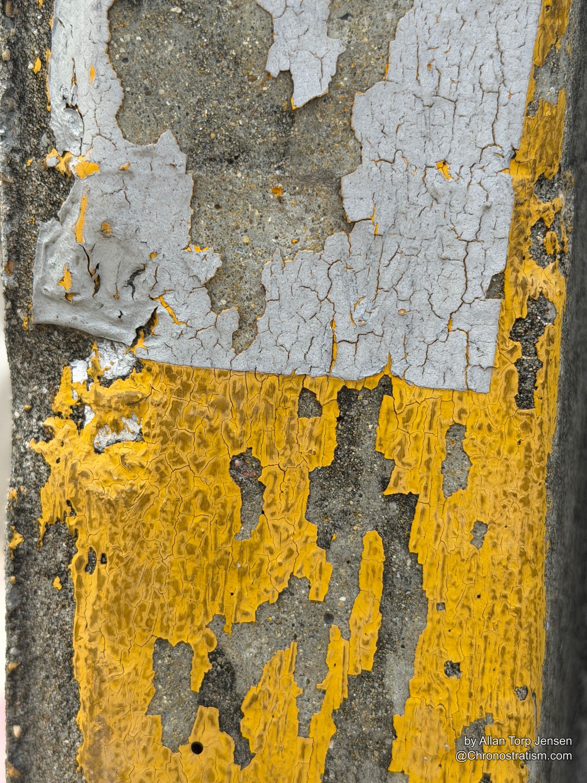 White and yellow paint craquelures into a dense alligator-cracked pattern across a concrete curb.